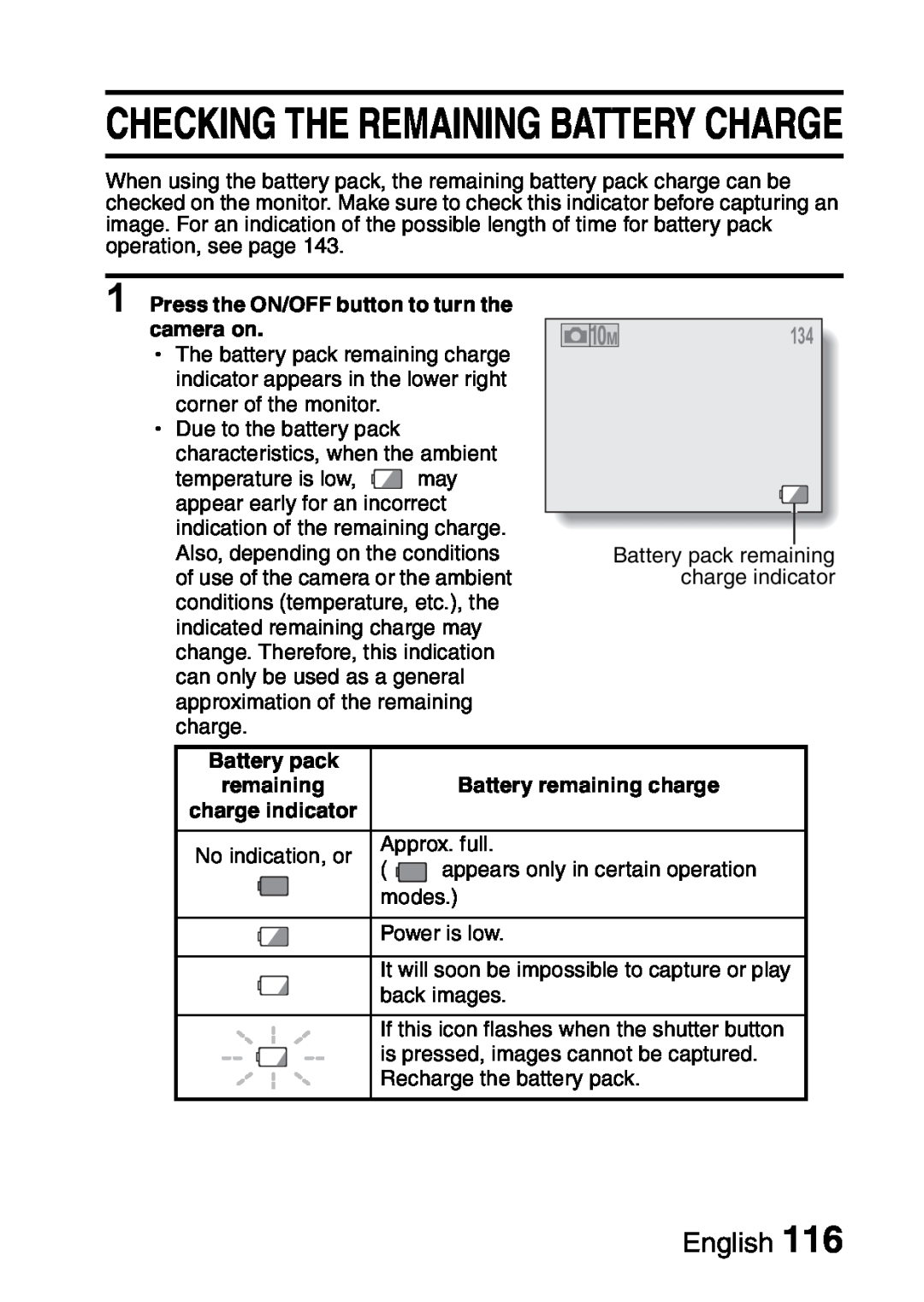 Samsung R50 Checking The Remaining Battery Charge, English, Press the ON/OFF button to turn the camera on, Battery pack 