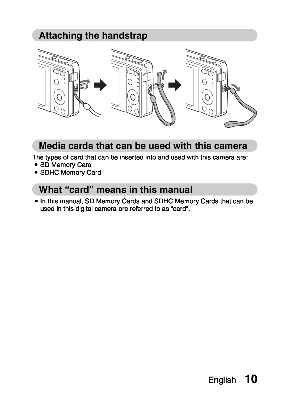 Samsung R50 Attaching the handstrap Media cards that can be used with this camera, What “card” means in this manual 