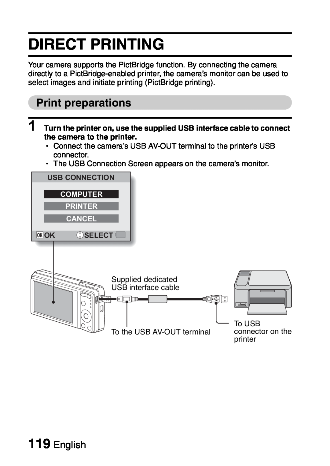 Samsung R50 Direct Printing, Print preparations, English, Usb Connection, Computer Printer Cancel, Ok Select 