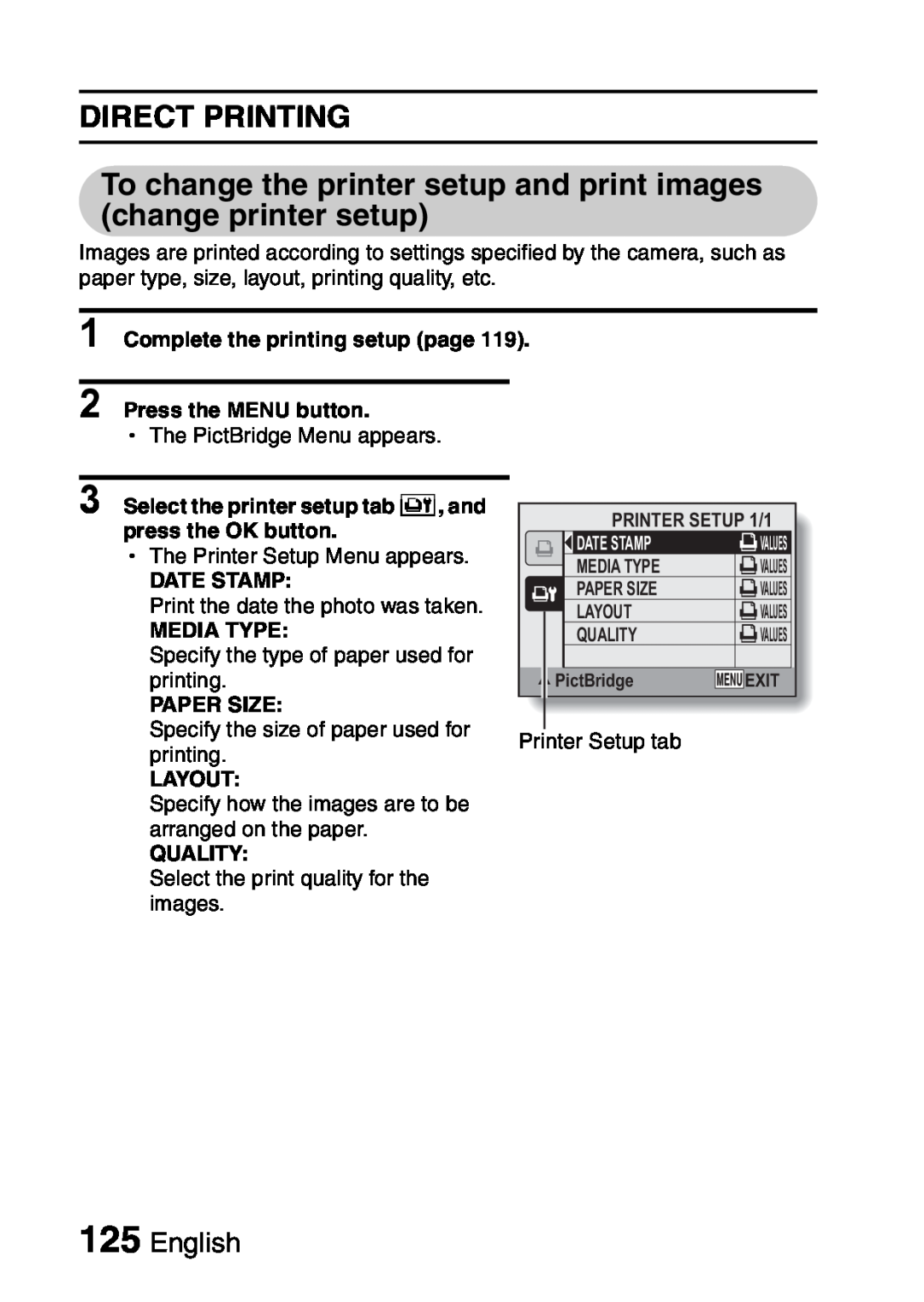 Samsung R50 Direct Printing, To change the printer setup and print images change printer setup, English, Date Stamp 