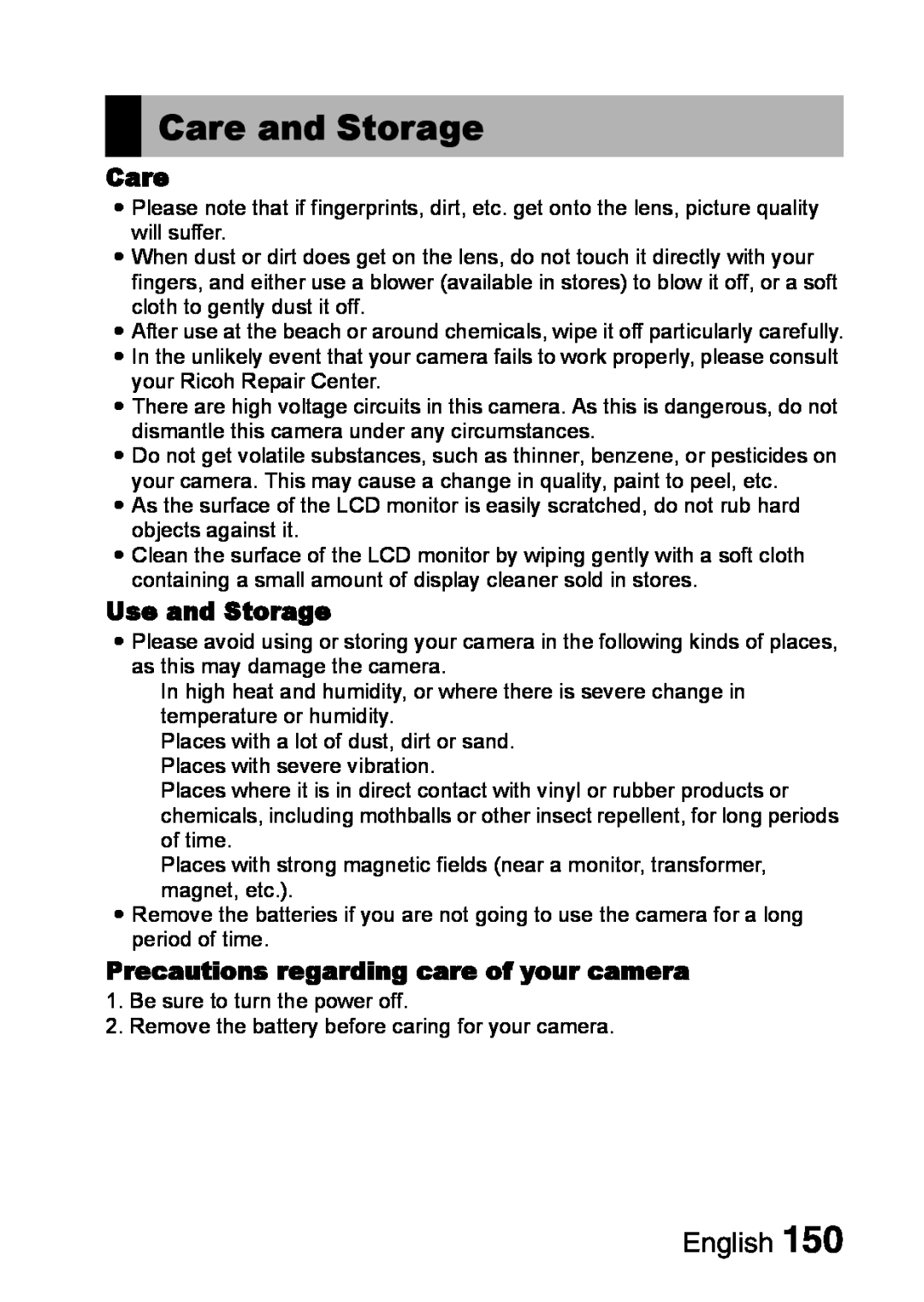 Samsung R50 instruction manual Care and Storage, English, Use and Storage, Precautions regarding care of your camera 