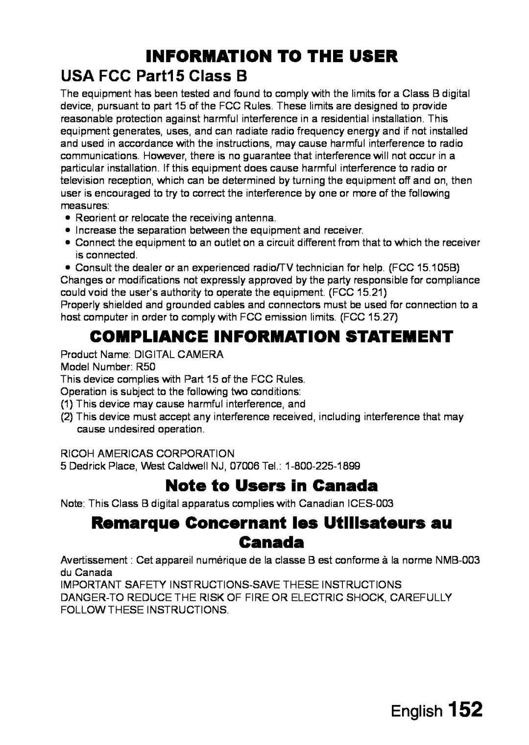 Samsung R50 INFORMATION TO THE USER USA FCC Part15 Class B, Compliance Information Statement, Note to Users in Canada 