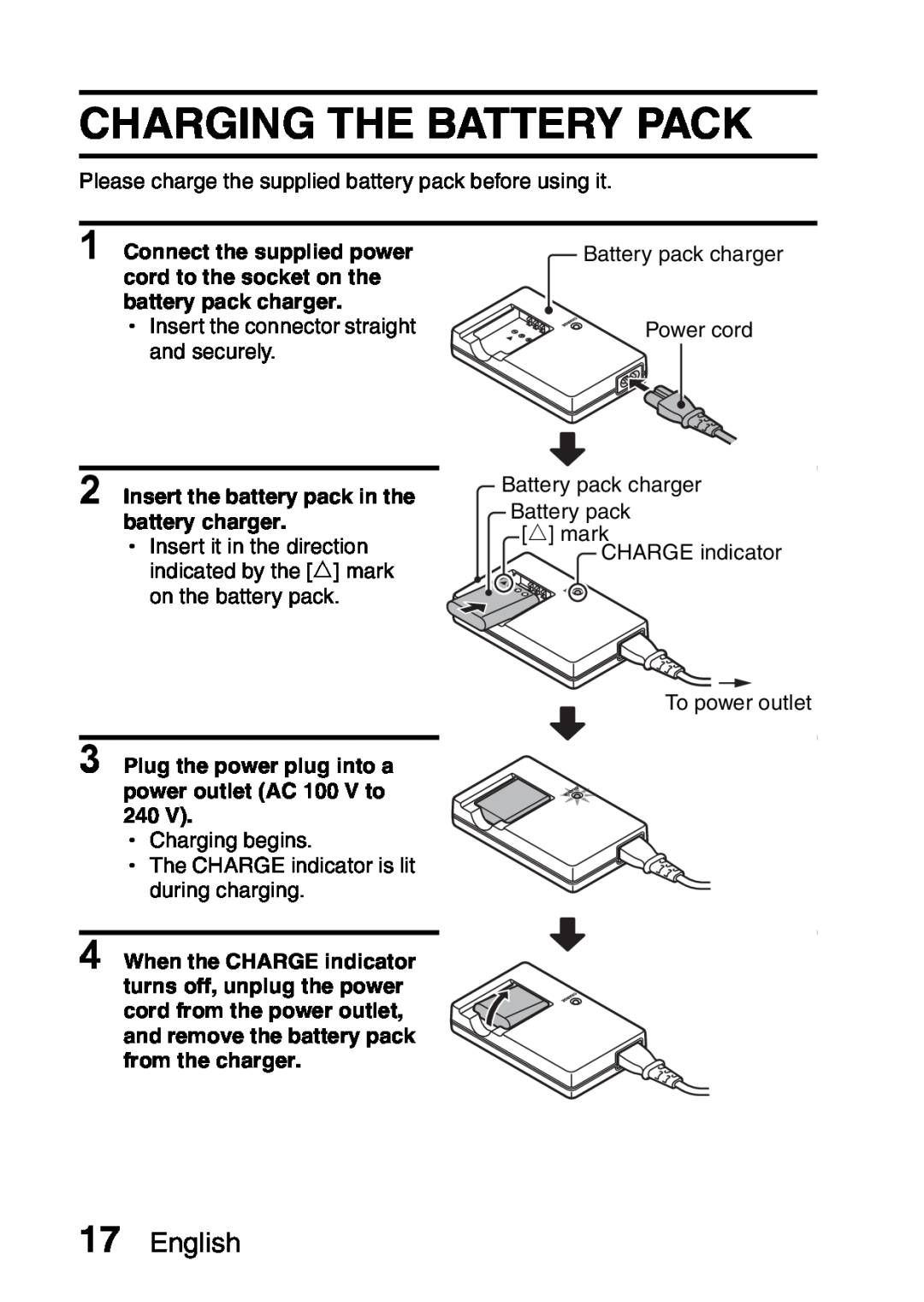 Samsung R50 instruction manual Charging The Battery Pack, English, Insert the battery pack in the battery charger 