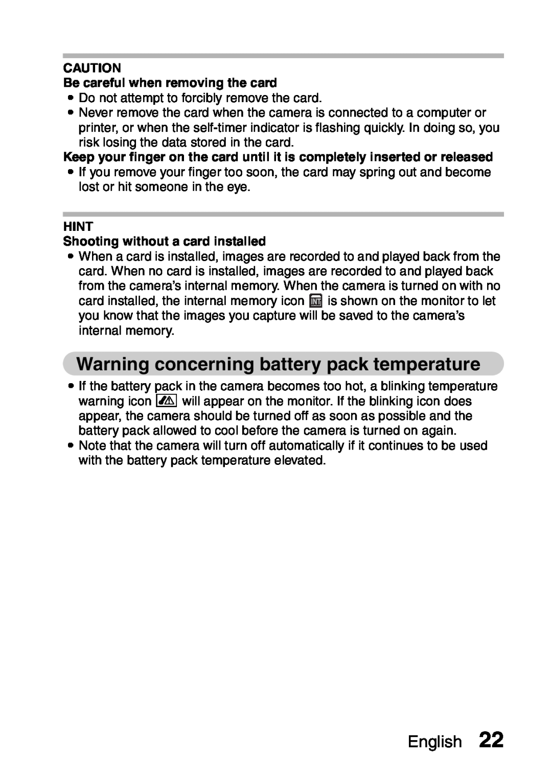 Samsung R50 instruction manual Warning concerning battery pack temperature, English, Be careful when removing the card 
