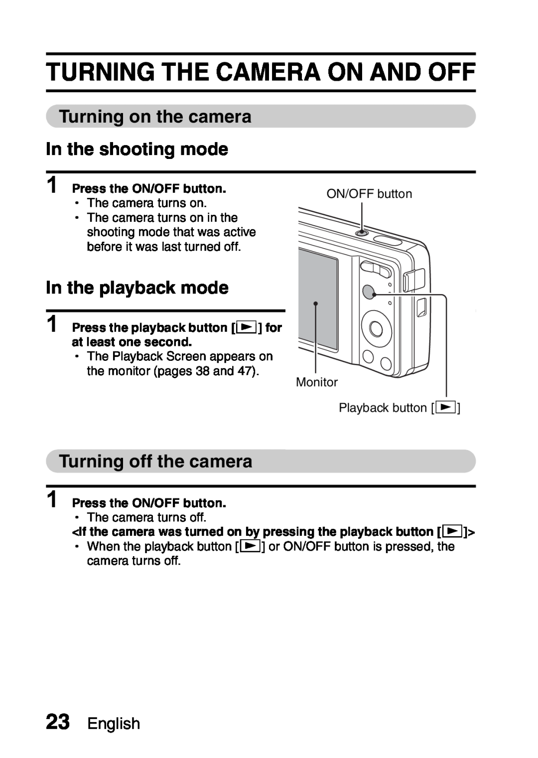Samsung R50 Turning The Camera On And Off, Turning on the camera In the shooting mode, In the playback mode, English 