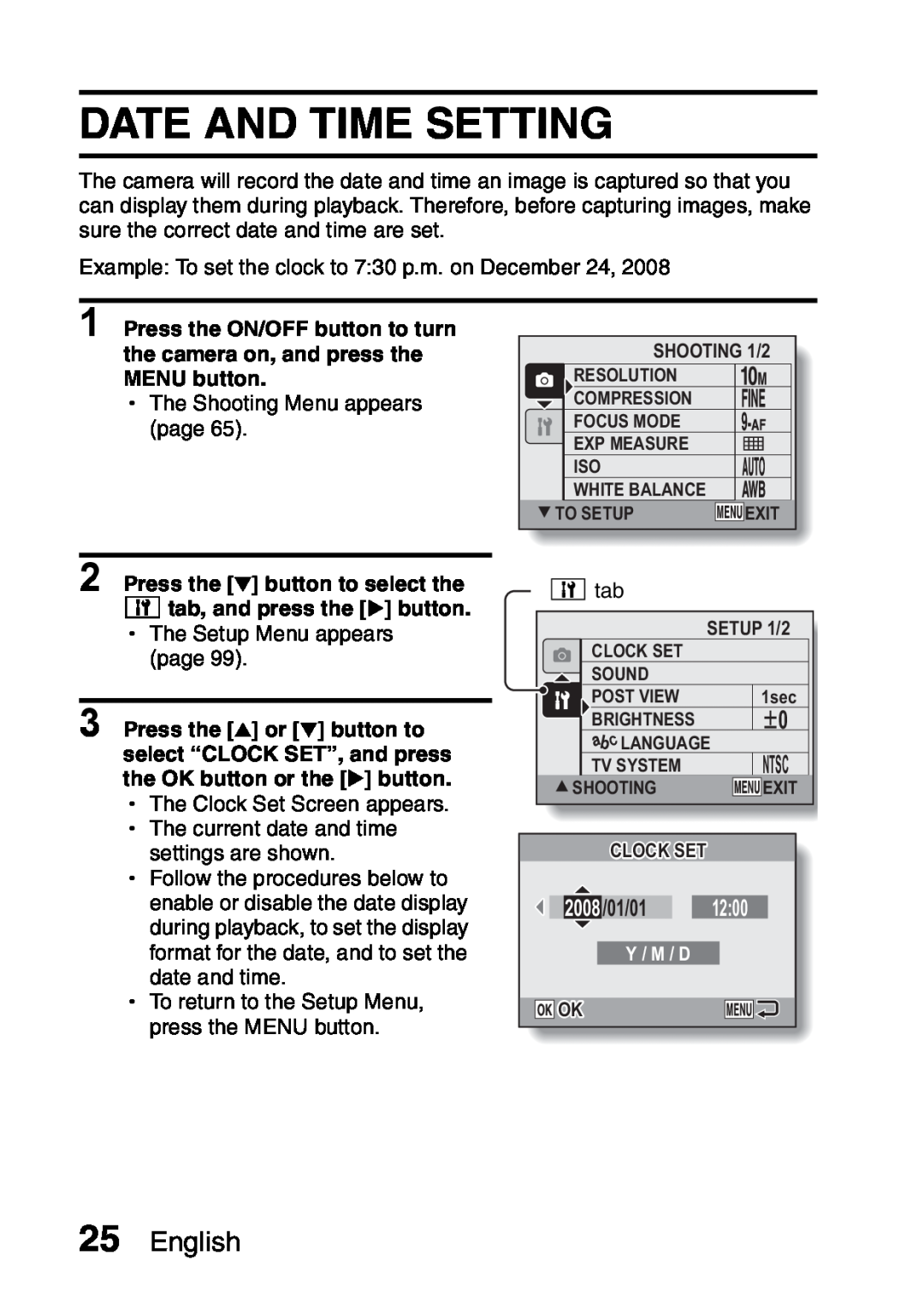 Samsung R50 instruction manual Date And Time Setting, English, 2008/01/01, Press the o button to select the 