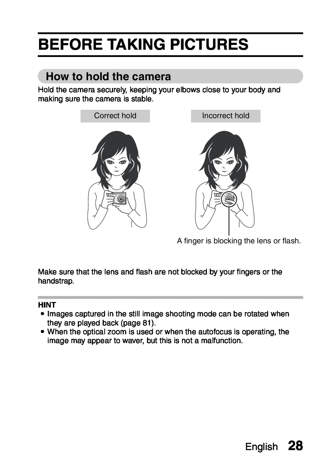 Samsung R50 instruction manual Before Taking Pictures, How to hold the camera, English, Hint 