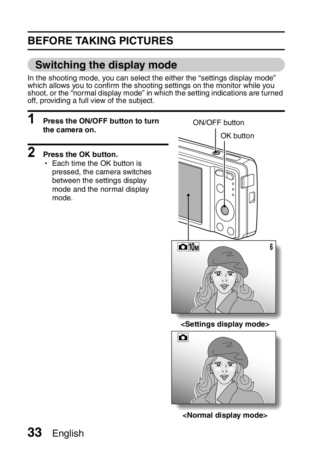 Samsung R50 instruction manual BEFORE TAKING PICTURES Switching the display mode, English 