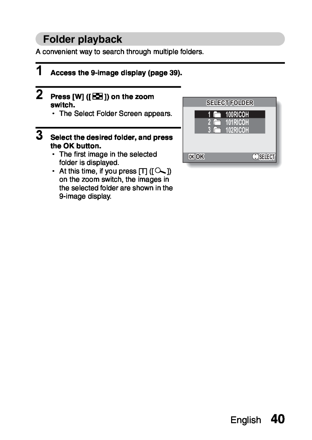 Samsung R50 Folder playback, English, 1 100RICOH 2 101RICOH 3 102RICOH, Select the desired folder, and press the OK button 