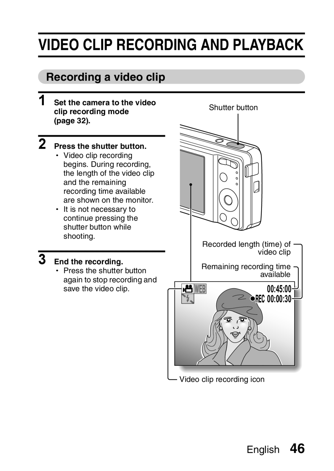 Samsung R50 Video Clip Recording And Playback, Recording a video clip, English, Set the camera to the video 