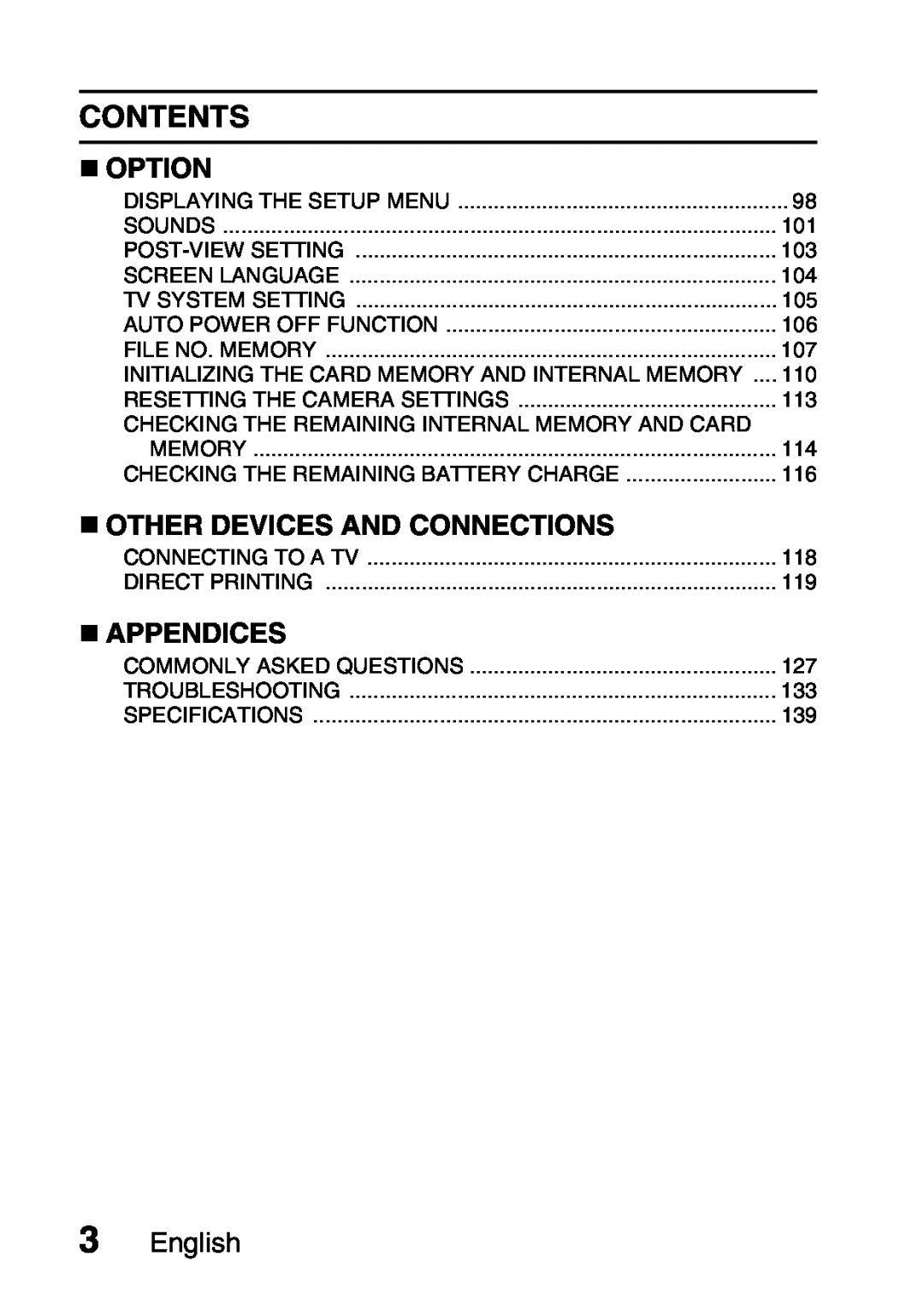 Samsung R50 instruction manual Contents, „ Option, „ Other Devices And Connections, „ Appendices, English 