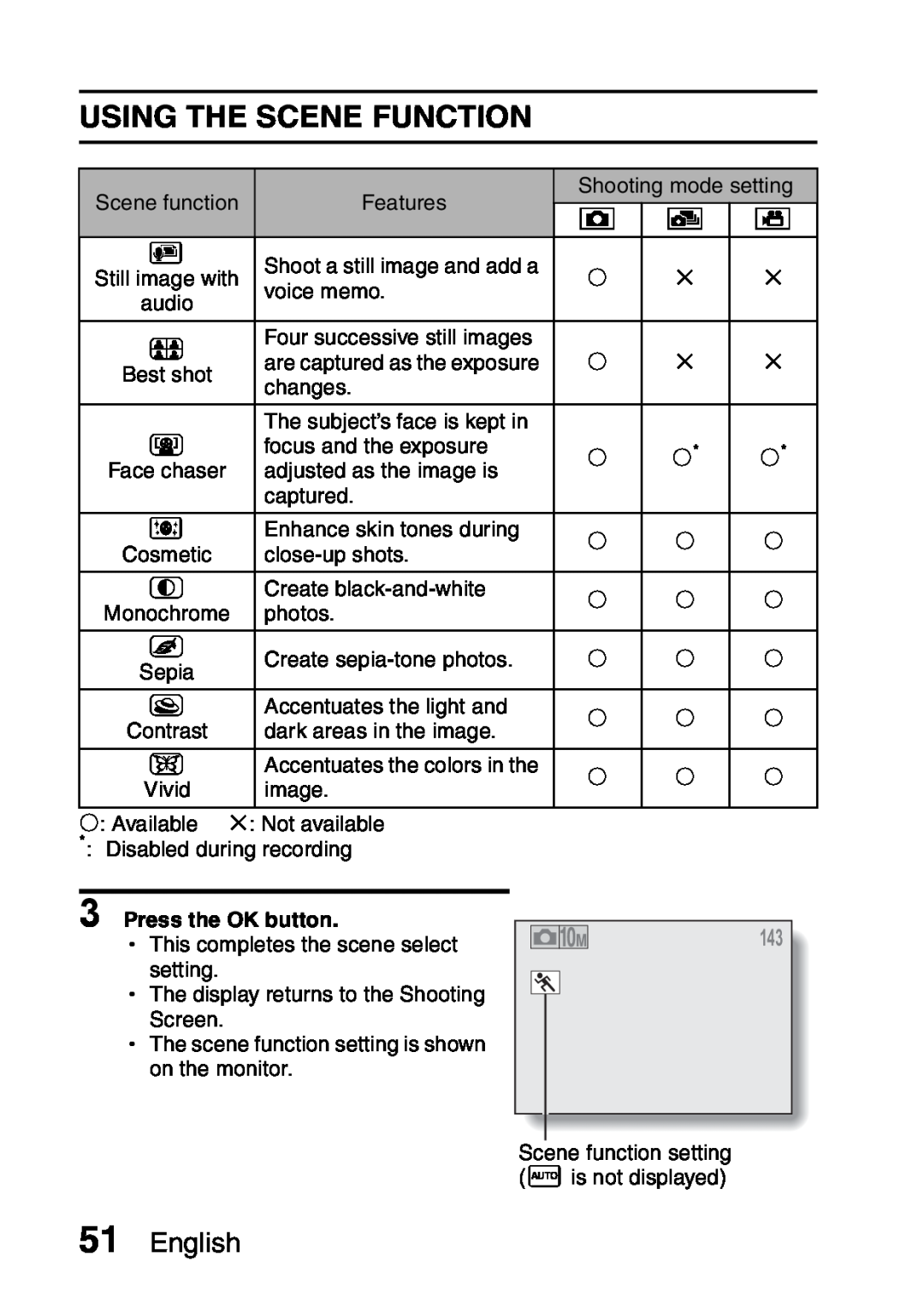 Samsung R50 instruction manual Using The Scene Function, English, Press the OK button 