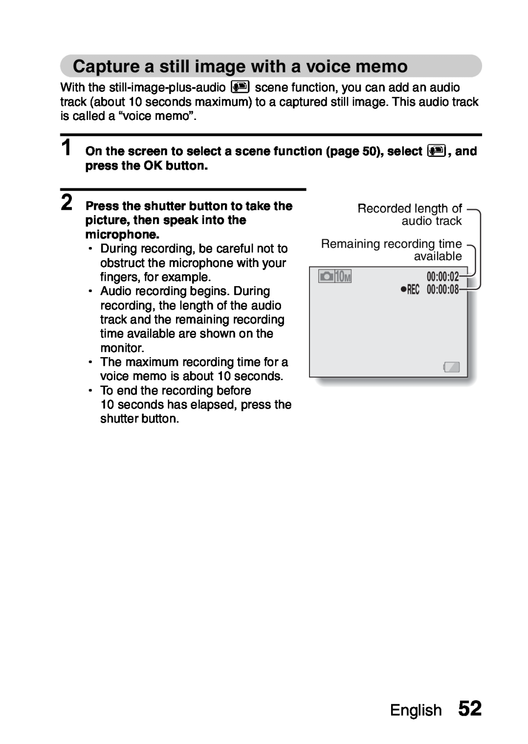 Samsung R50 instruction manual Capture a still image with a voice memo, English 