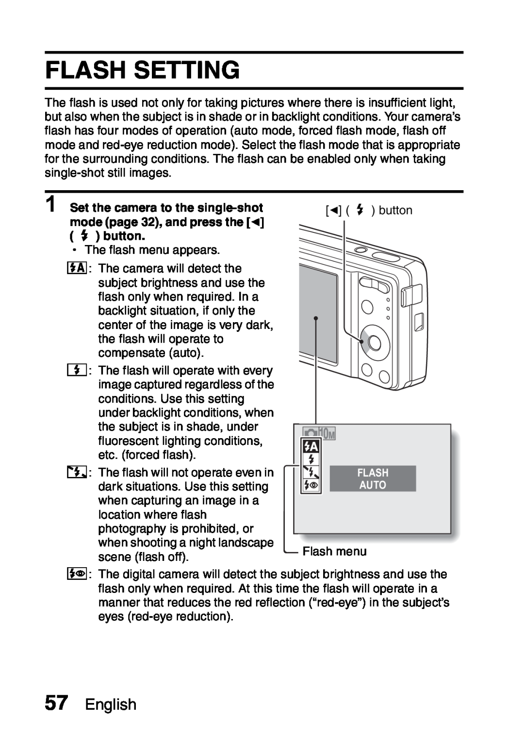Samsung R50 instruction manual Flash Setting, English 