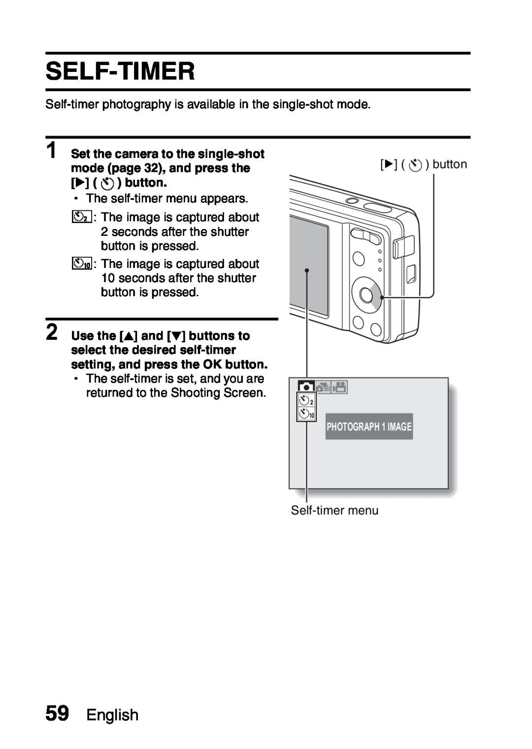 Samsung R50 Self-Timer, English, Set the camera to the single-shot, mode page 32, and press them button m button 