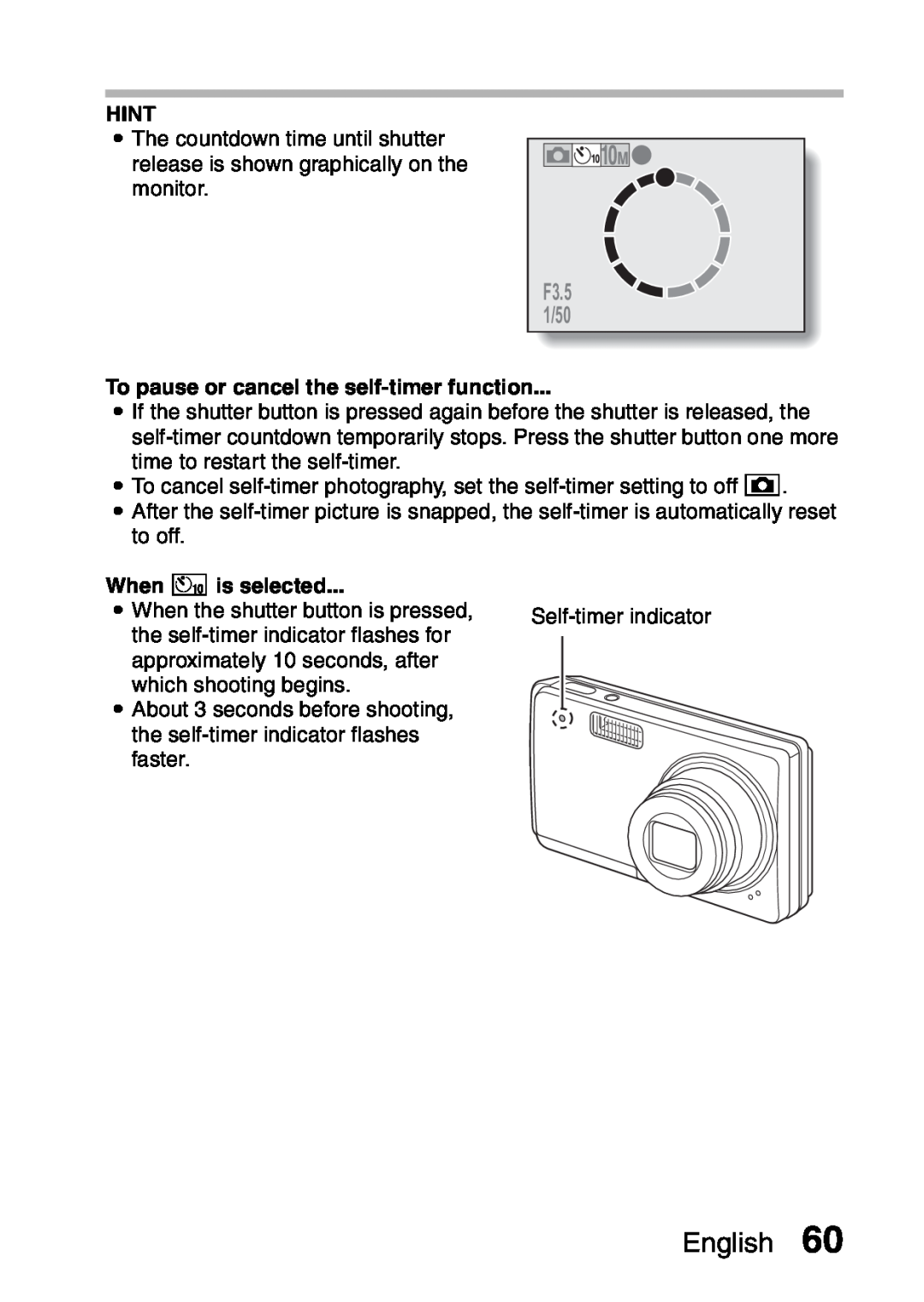 Samsung R50 instruction manual English, F3.5 1/50, Hint, To pause or cancel the self-timer function, When xis selected 