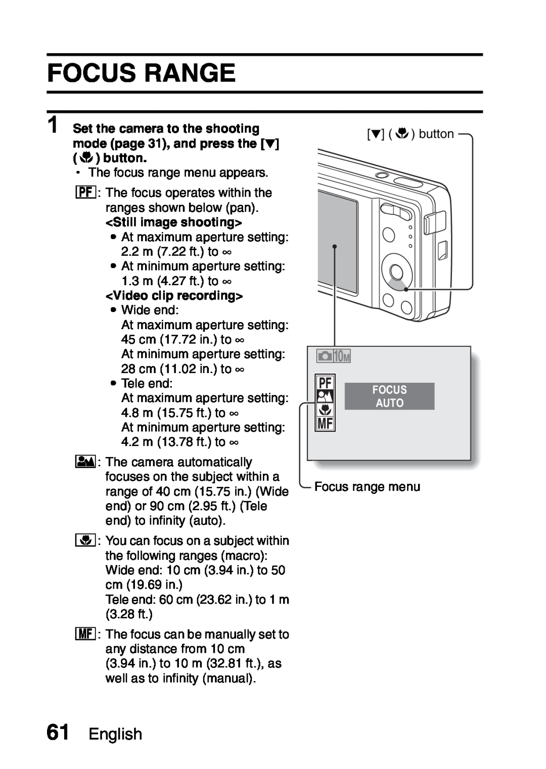 Samsung R50 instruction manual Focus Range, English, Still image shooting, Video clip recording i Wide end 