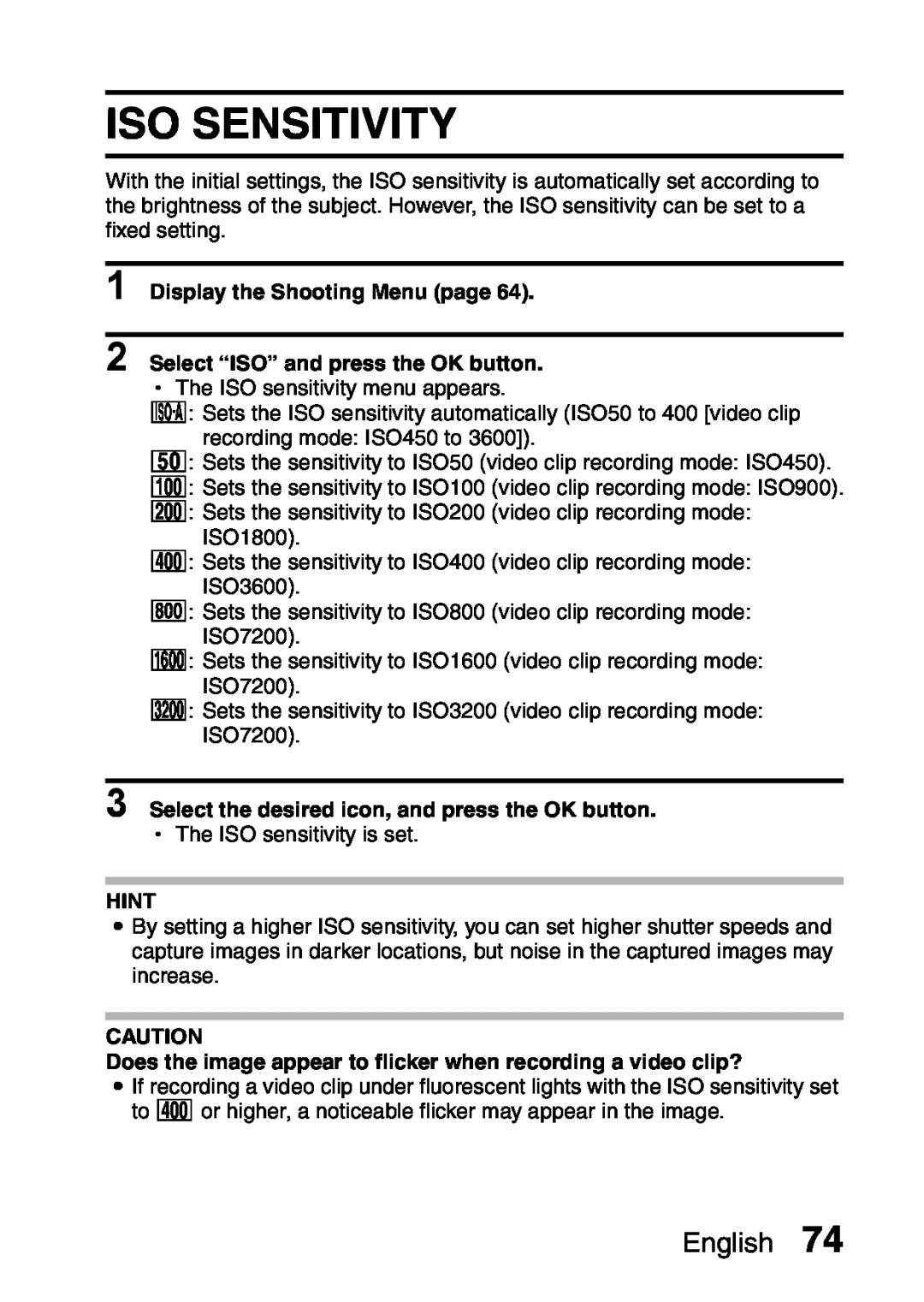 Samsung R50 Iso Sensitivity, English, Display the Shooting Menu page, Select “ISO” and press the OK button, Hint 