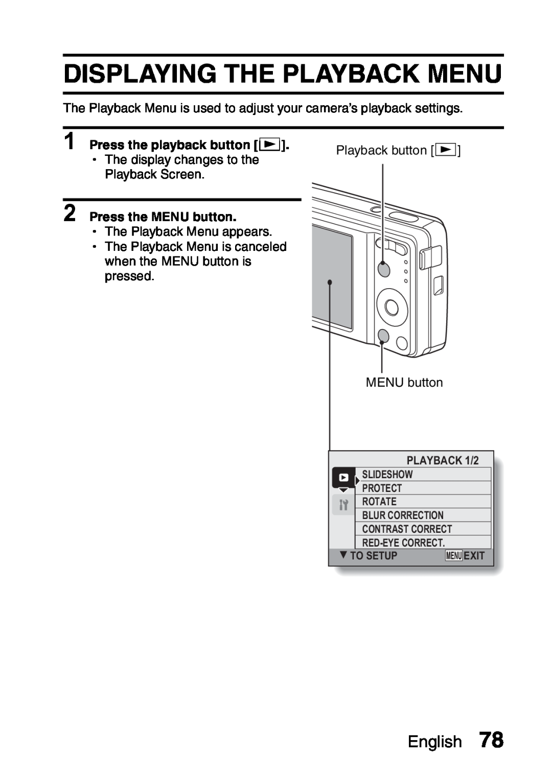 Samsung R50 instruction manual Displaying The Playback Menu, English, Press the playback button =, Press the MENU button 