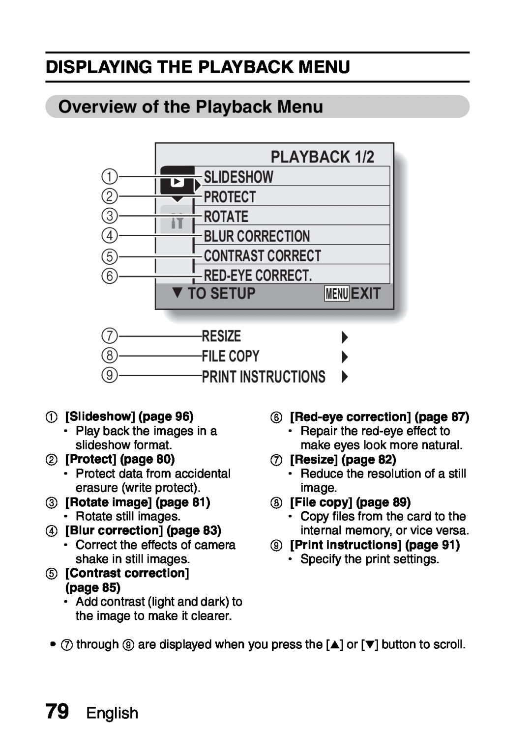 Samsung R50 DISPLAYING THE PLAYBACK MENU Overview of the Playback Menu, PLAYBACK 1/2, Slideshow, Protect, Rotate, Exit 