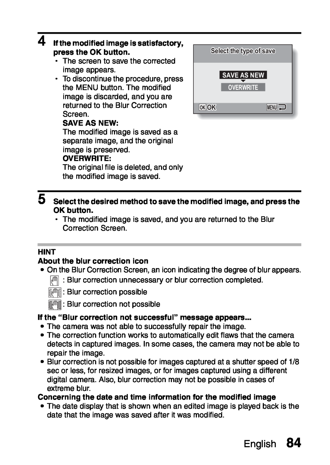 Samsung R50 instruction manual English, If the modified image is satisfactory, press the OK button, Save As New, Overwrite 