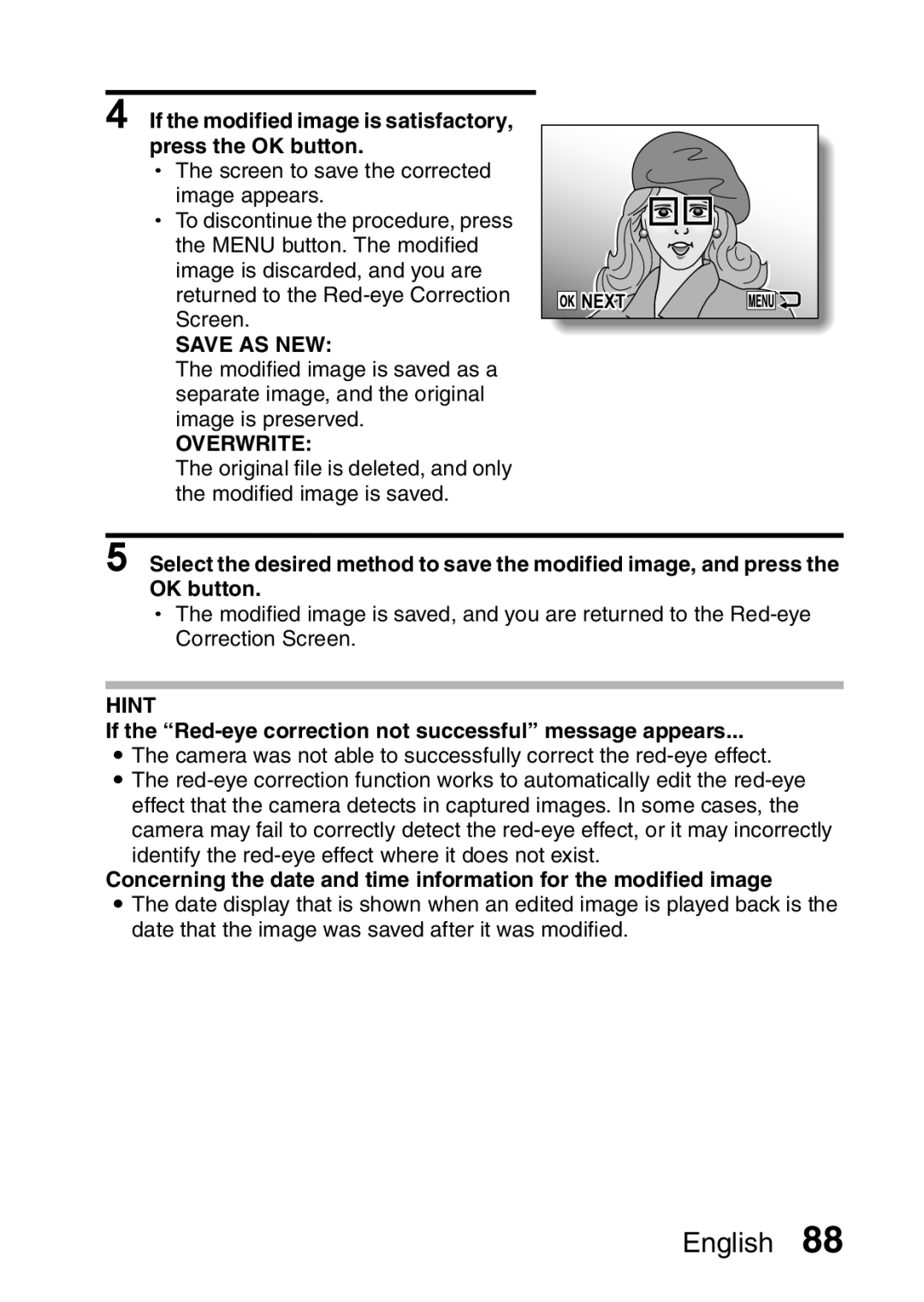 Samsung R50 instruction manual English, If the modified image is satisfactory, press the OK button, Save As New, Overwrite 
