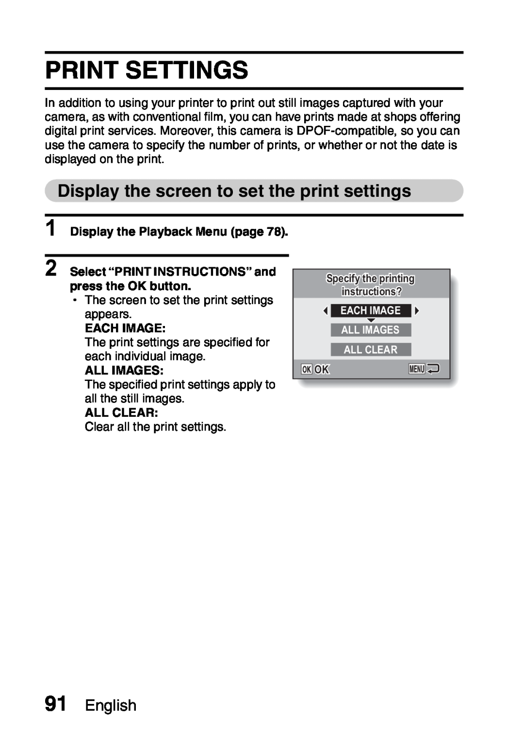 Samsung R50 Print Settings, Display the screen to set the print settings, English, Display the Playback Menu page 