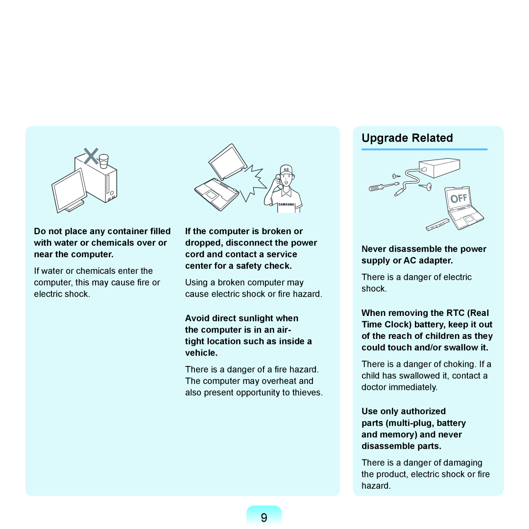 Samsung R70, R71 manual Upgrade Related, Never disassemble the power supply or AC adapter 