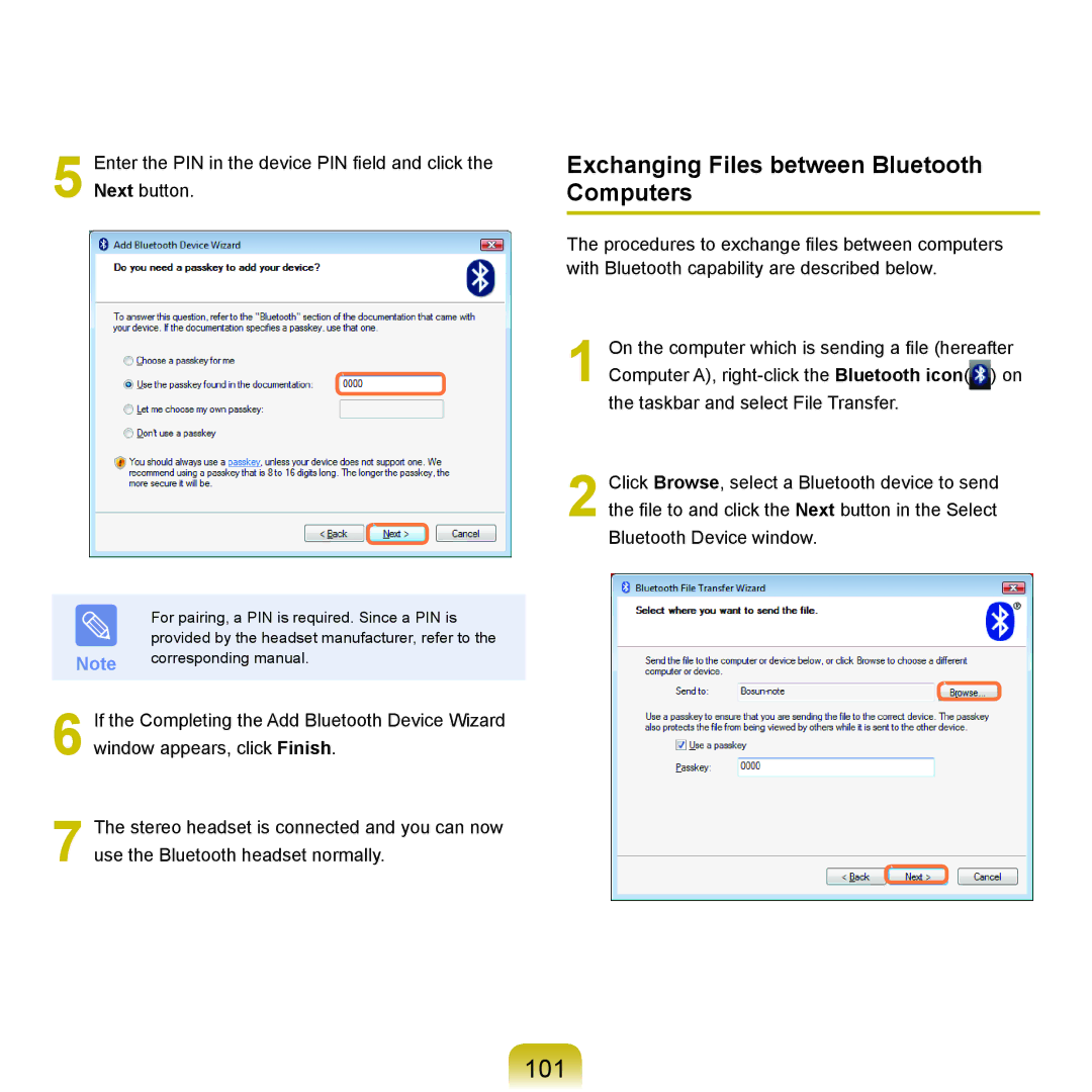 Samsung R70, R71 manual 101, Exchanging Files between Bluetooth Computers 