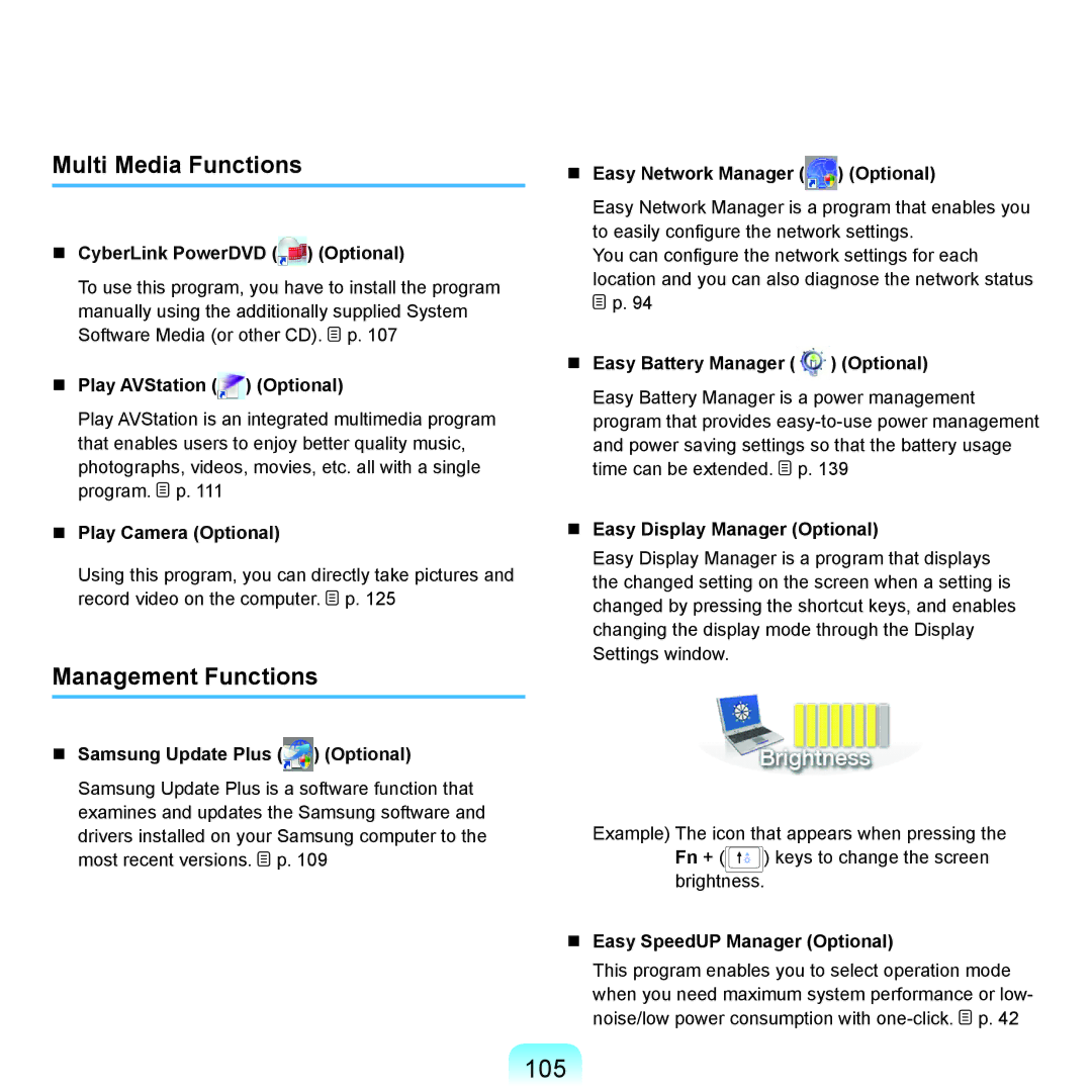 Samsung R70, R71 manual 105, Multi Media Functions, Management Functions 