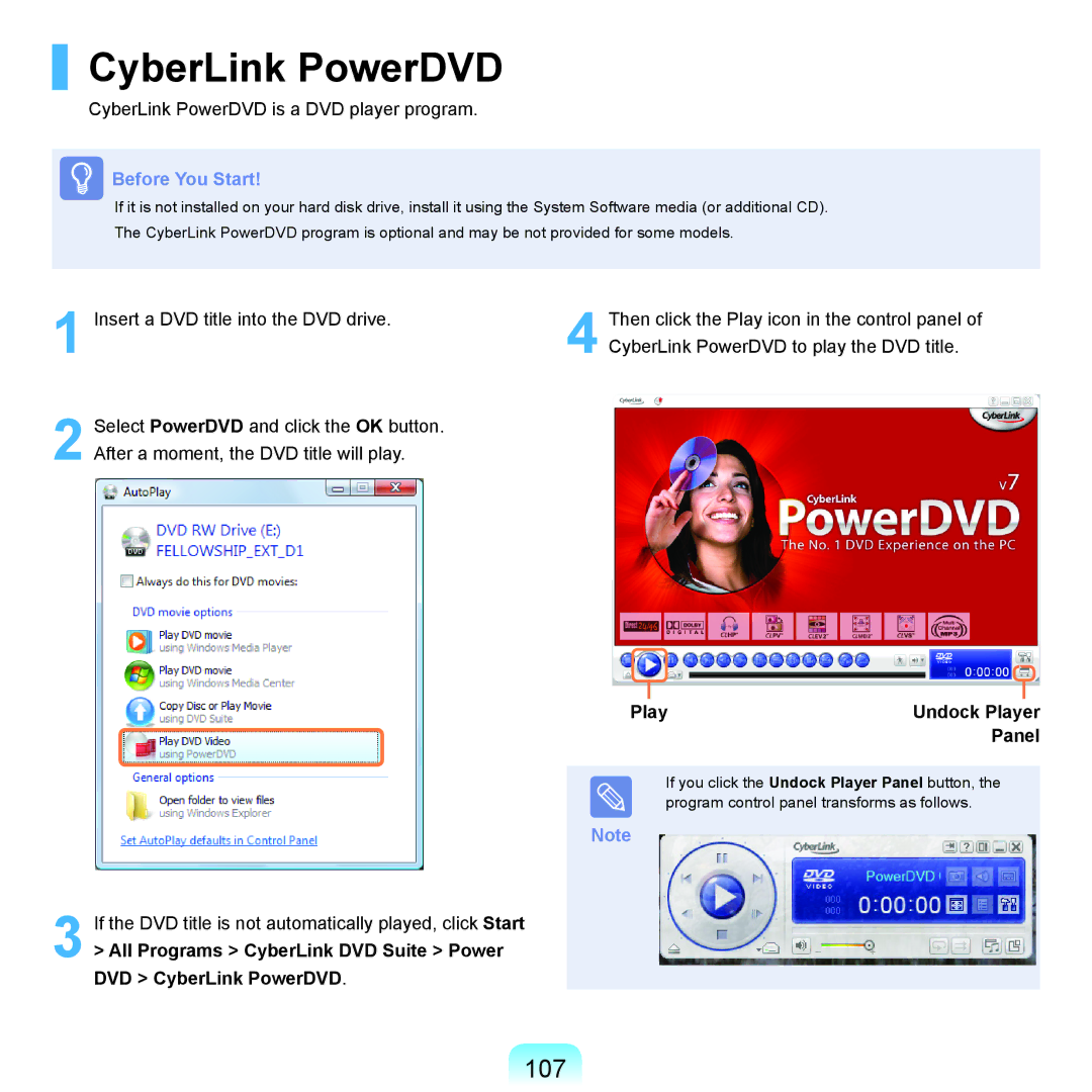 Samsung R70, R71 manual CyberLink PowerDVD, 107, Play Undock Player Panel 