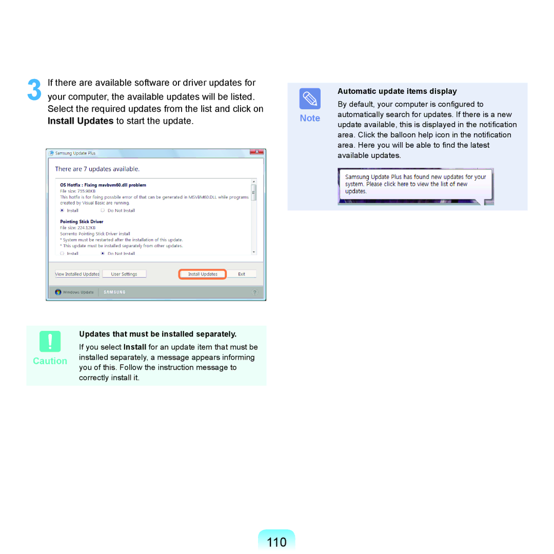 Samsung R71, R70 manual 110, Automatic update items display, Updates that must be installed separately 