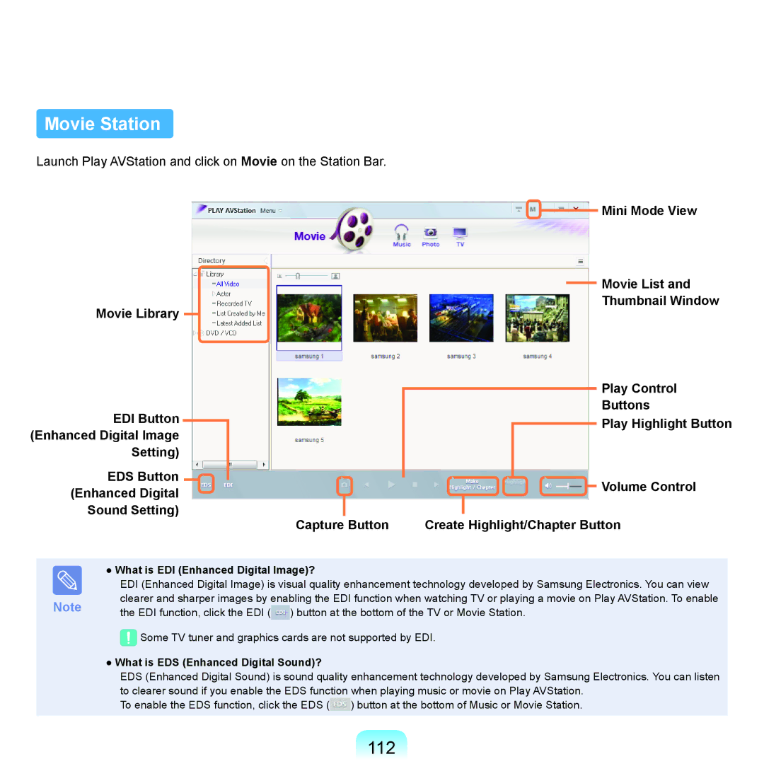 Samsung R71, R70 manual Movie Station, 112, What is EDI Enhanced Digital Image?, What is EDS Enhanced Digital Sound? 