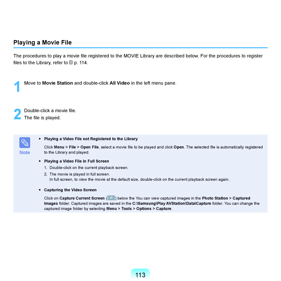 Samsung R70, R71 113, Playing a Movie File, Playing a Video File not Registered to the Library, Capturing the Video Screen 