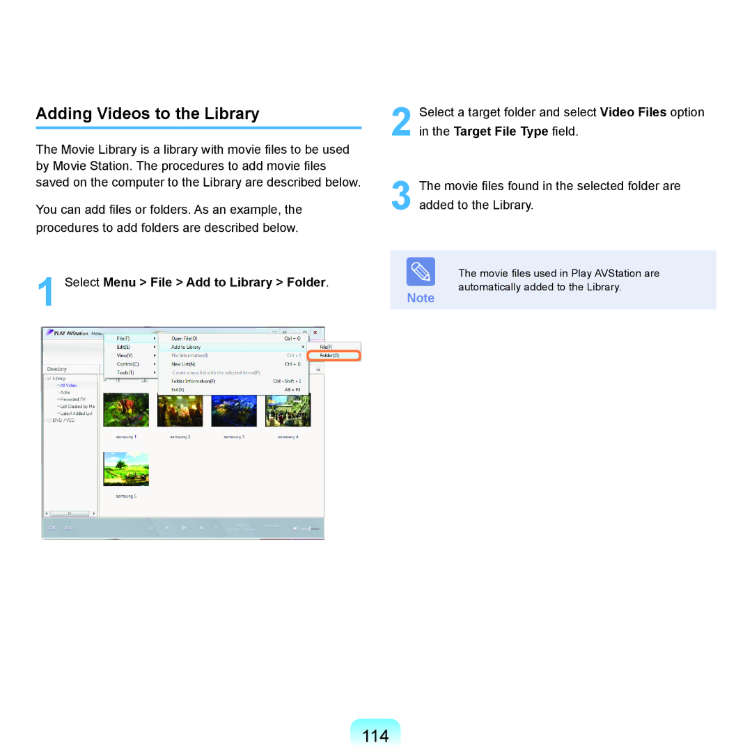 Samsung R71, R70 manual 114, Adding Videos to the Library, Select Menu File Add to Library Folder 