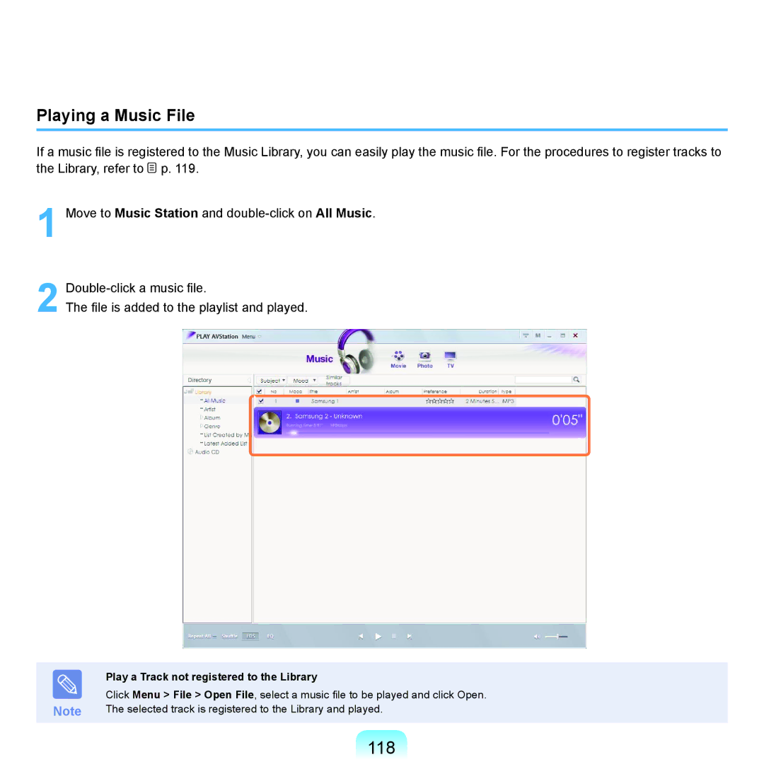 Samsung R71, R70 manual 118, Playing a Music File, Play a Track not registered to the Library 