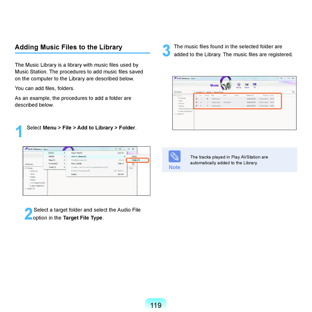 Samsung R70, R71 manual 119, Adding Music Files to the Library 