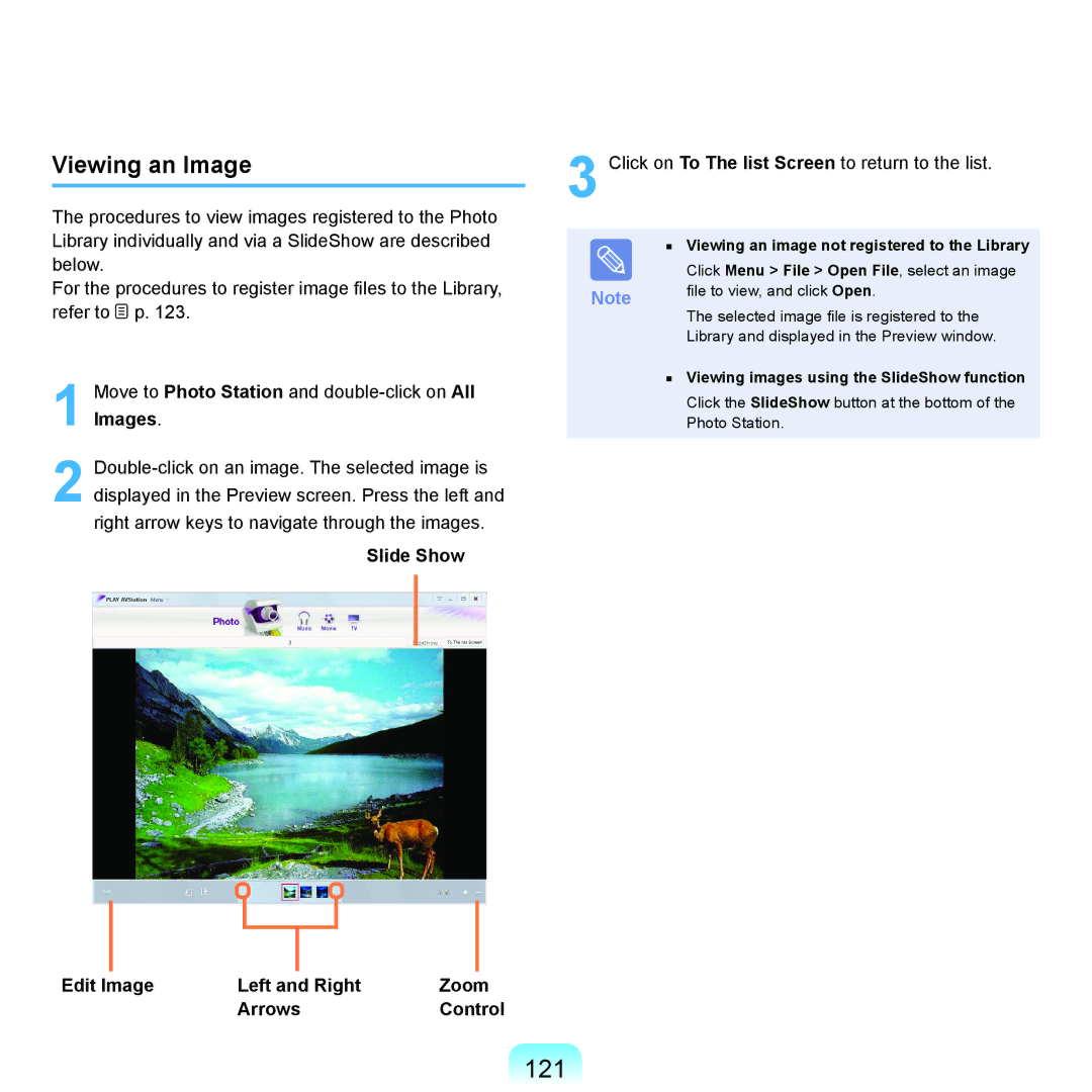 Samsung R70, R71 manual 121, Viewing an Image, Slide Show, Edit Image Left and Right Zoom Arrows Control 