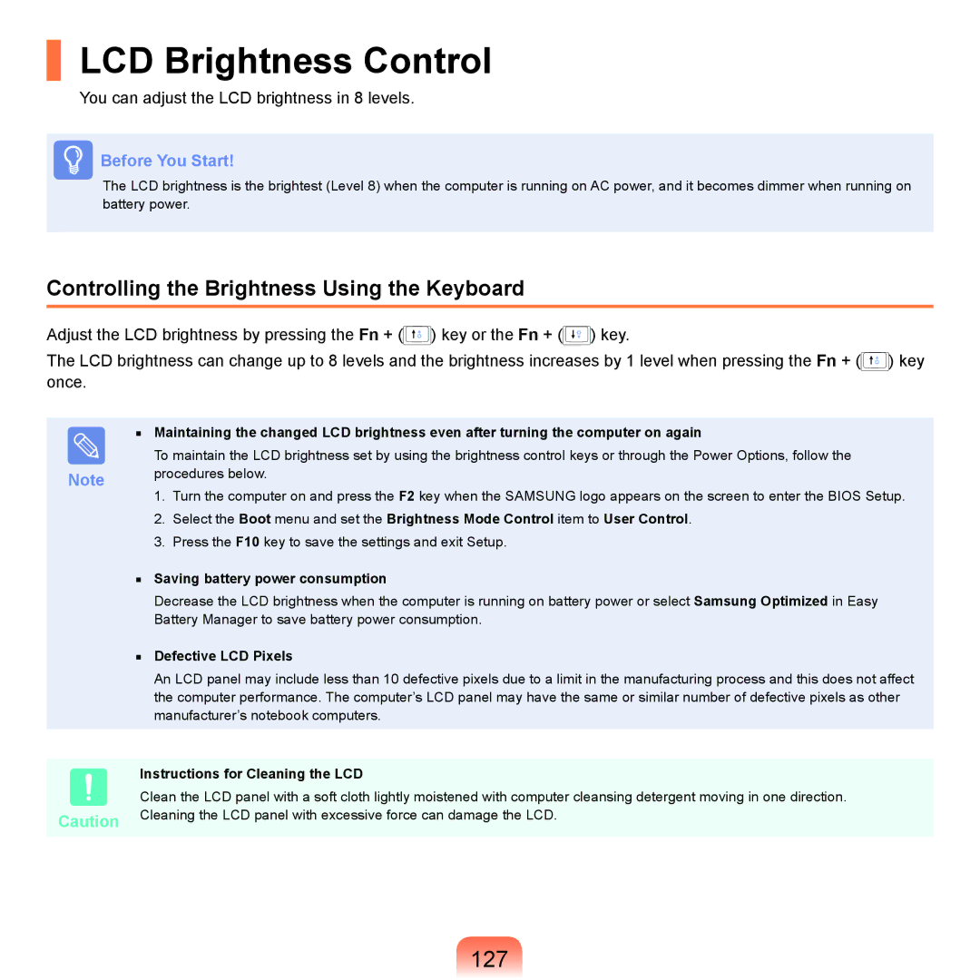 Samsung R70, R71 manual LCD Brightness Control, 127, Controlling the Brightness Using the Keyboard 