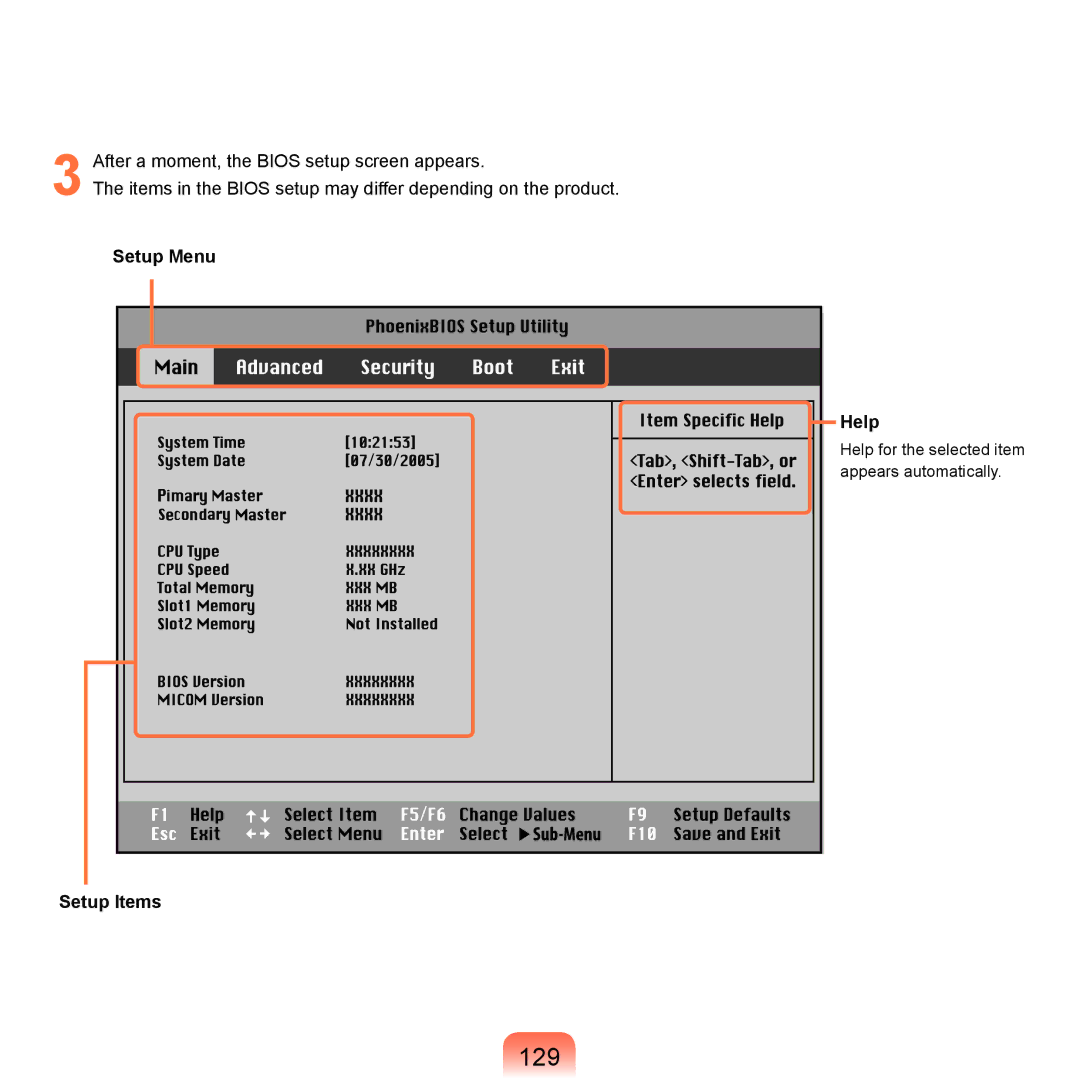 Samsung R70, R71 manual 129, Setup Menu Help, Setup Items 