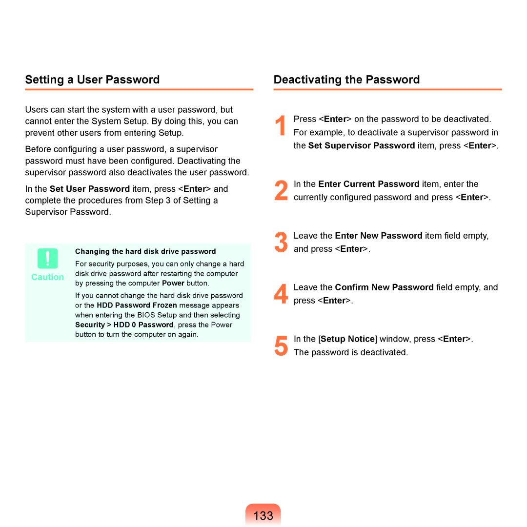 Samsung R70, R71 manual 133, Setting a User Password, Deactivating the Password, Changing the hard disk drive password 
