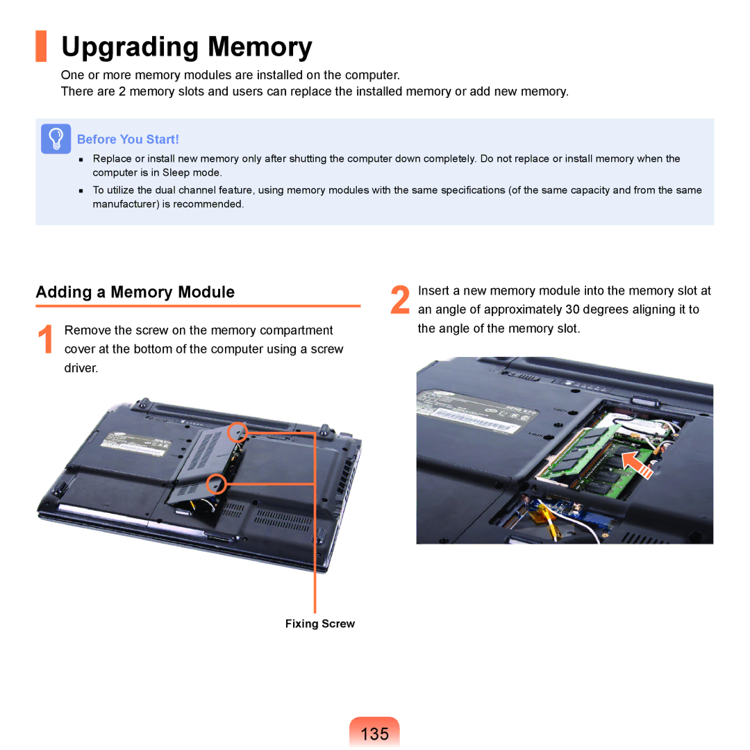 Samsung R70, R71 manual Upgrading Memory, 135, Adding a Memory Module 