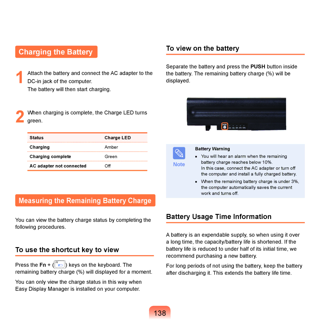 Samsung R71, R70 manual Charging the Battery, 138, To use the shortcut key to view, To view on the battery 