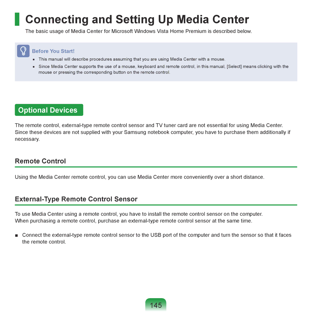 Samsung R70, R71 manual Connecting and Setting Up Media Center, Optional Devices, 145, Remote Control 