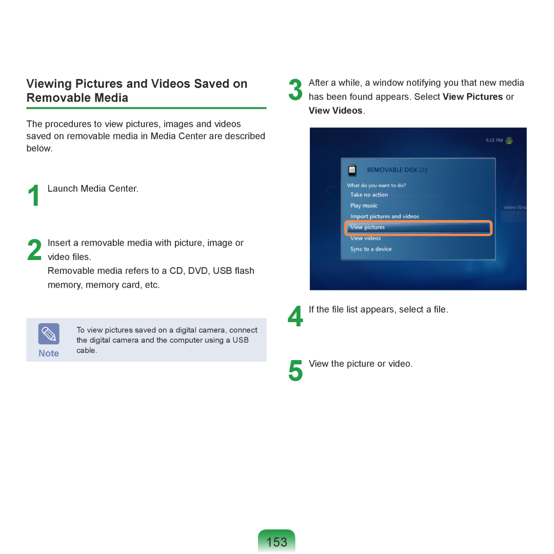 Samsung R70, R71 manual 153, Viewing Pictures and Videos Saved on Removable Media 