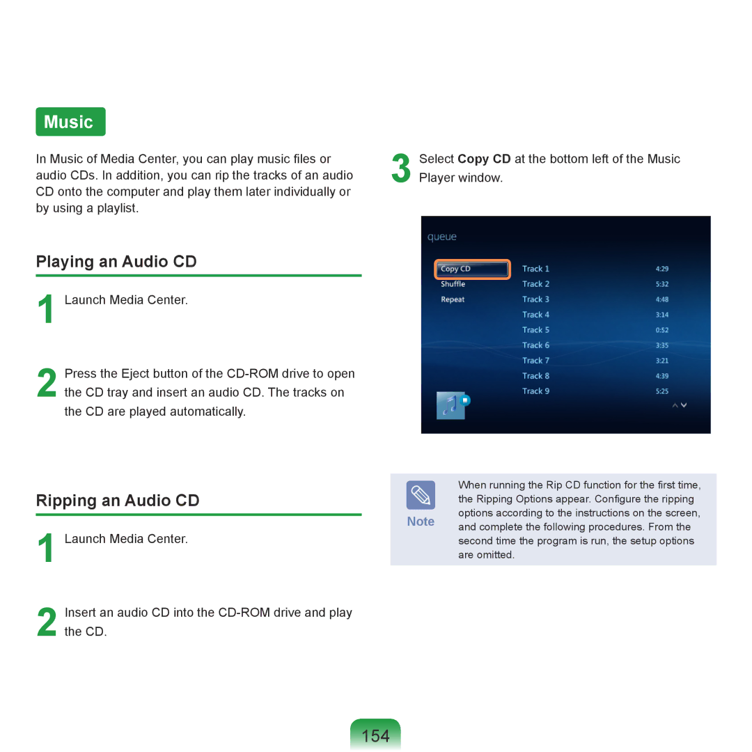 Samsung R71, R70 manual Music, 154, Ripping an Audio CD 