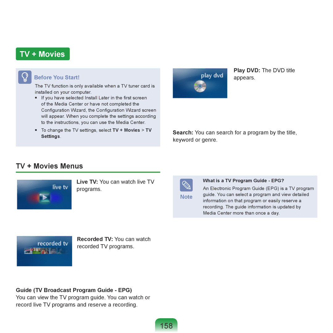 Samsung R71, R70 manual 158, TV + Movies Menus, Guide TV Broadcast Program Guide EPG, What is a TV Program Guide EPG? 