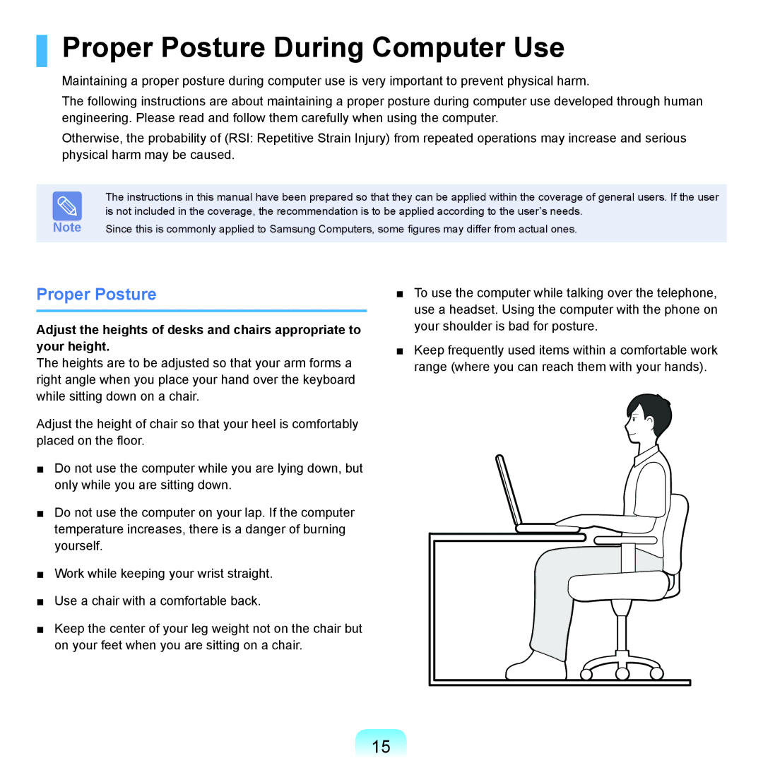 Samsung R70, R71 manual Proper Posture During Computer Use 