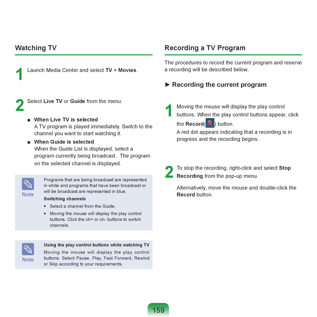 Samsung R70, R71 manual 159, Recording a TV Program, When Live TV is selected, When Guide is selected 