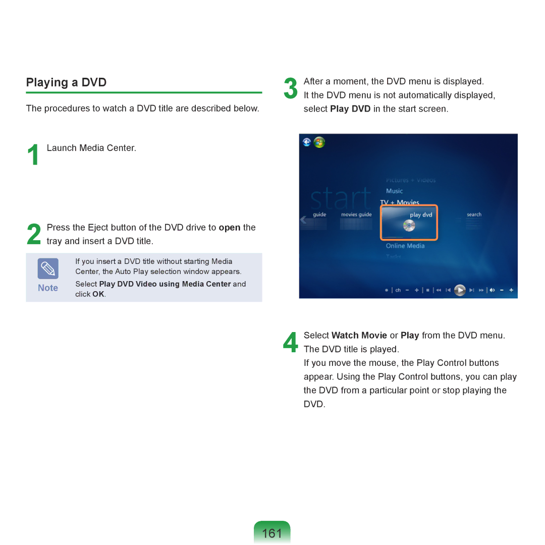 Samsung R70, R71 manual 161, Playing a DVD, Select Play DVD Video using Media Center 